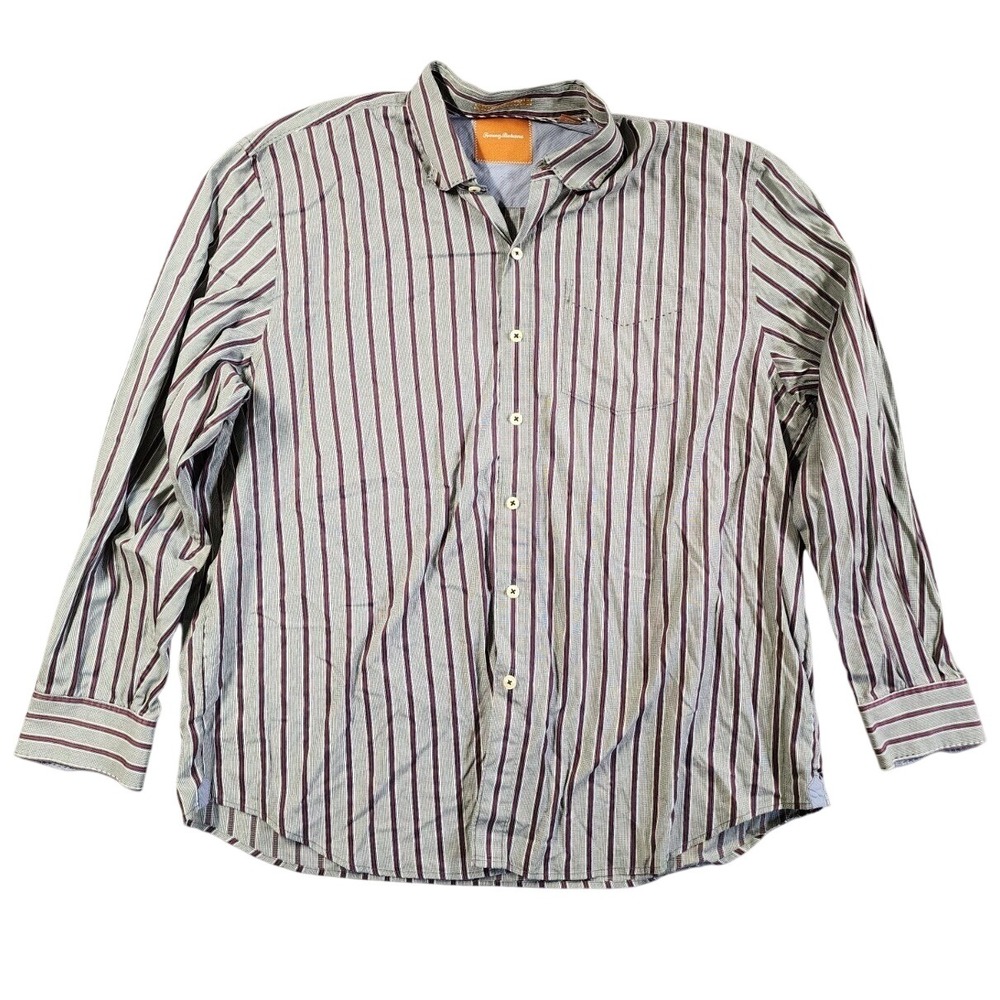 Tommy Bahama Shirt Men's 2XL Gray Striped Cotton Long Sleeve Button-Up Classic